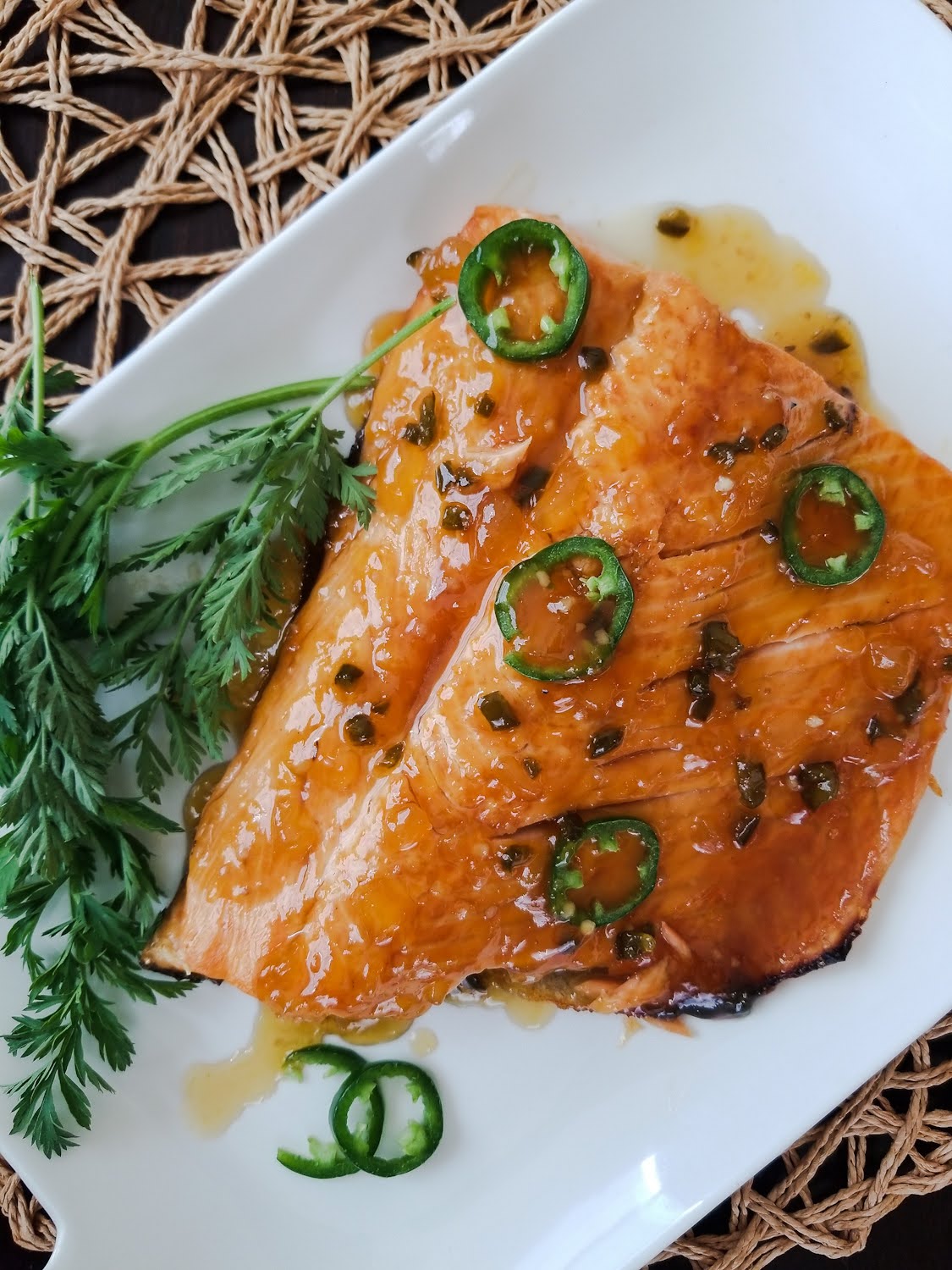 Spicy Pineapple Passion Fruit Glazed Salmon
